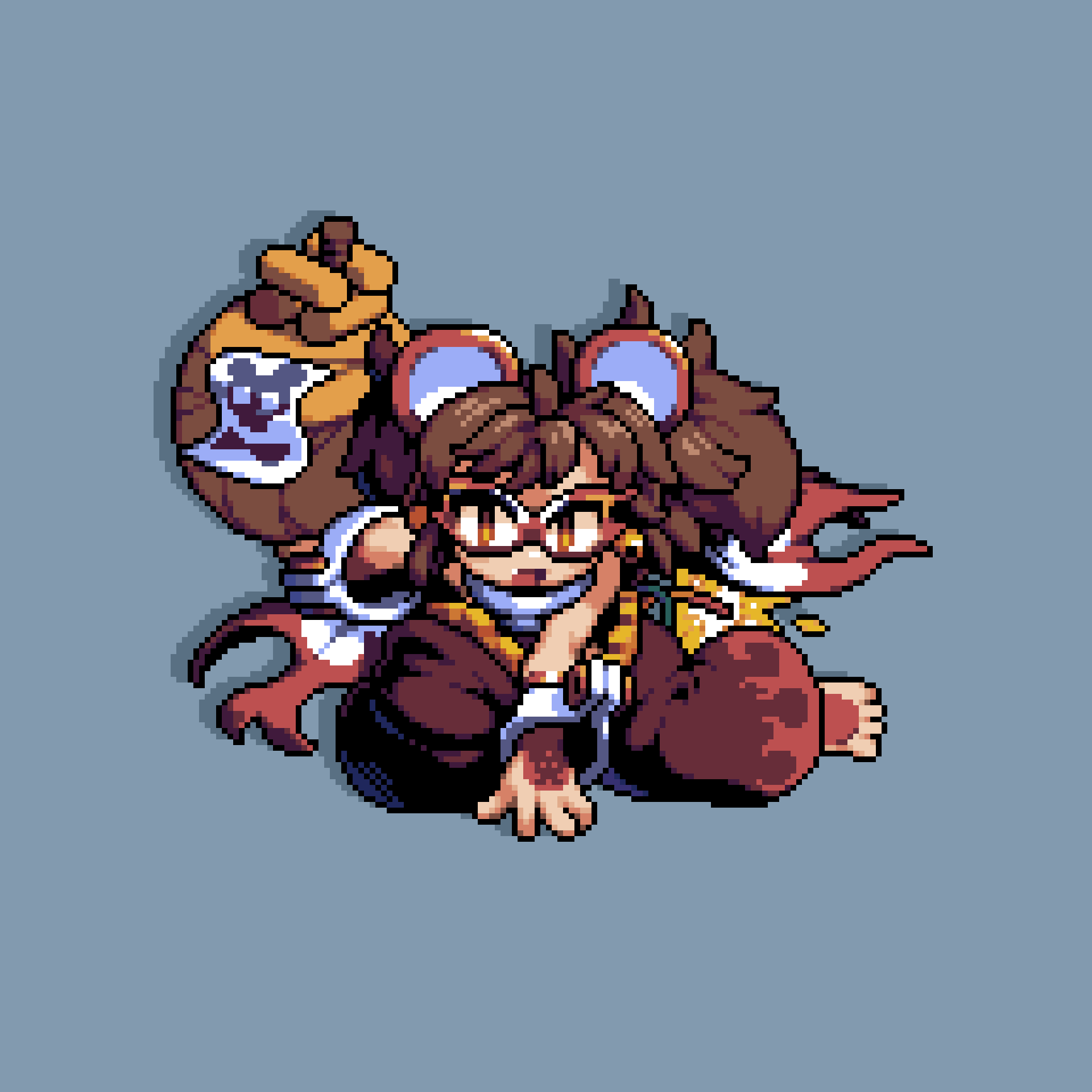1girl animal_ears barefoot bombergirl brown_eyes brown_hair brown_pants cape commentary_request cuffs eye_mask full_body grey_background highres jug_(bottle) looking_at_viewer mouse_ears open_mouth pants pixel_art simple_background solo squatting tonchamon_san twintails urushi_(bombergirl) white_cape