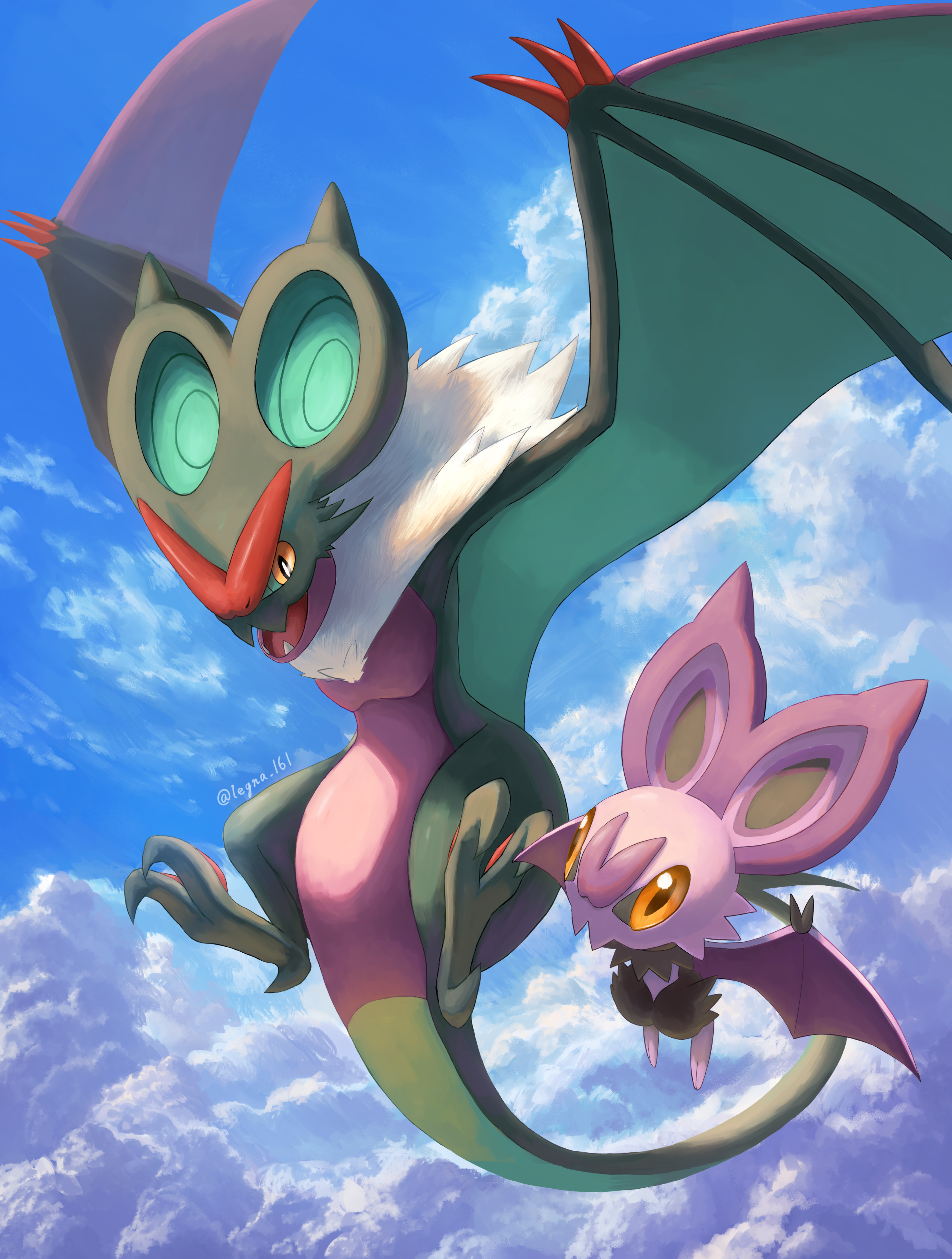 absurdres animal_focus blue_sky claws cloud cloudy_sky evolutionary_line flying gen_6_pokemon highres legna_(legna_161cm) nintendo no_humans noibat noivern open_mouth orange_eyes outdoors pokemon pokemon_(creature) sky