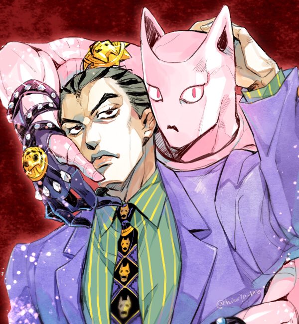 2boys animal_ears black_eyes black_hair cat_ears diamond_wa_kudakenai formal_clothes grey_hair hair_slicked_back hatoyama_itsuru jojo_no_kimyou_na_bouken kawajiri_kosaku killer_queen kira_yoshikage male_focus multicolored_hair multiple_boys necktie pink_eyes pinstripe_pattern pinstripe_shirt purple_suit shirt slit_pupils stand_(jojo) striped suit two-tone_hair