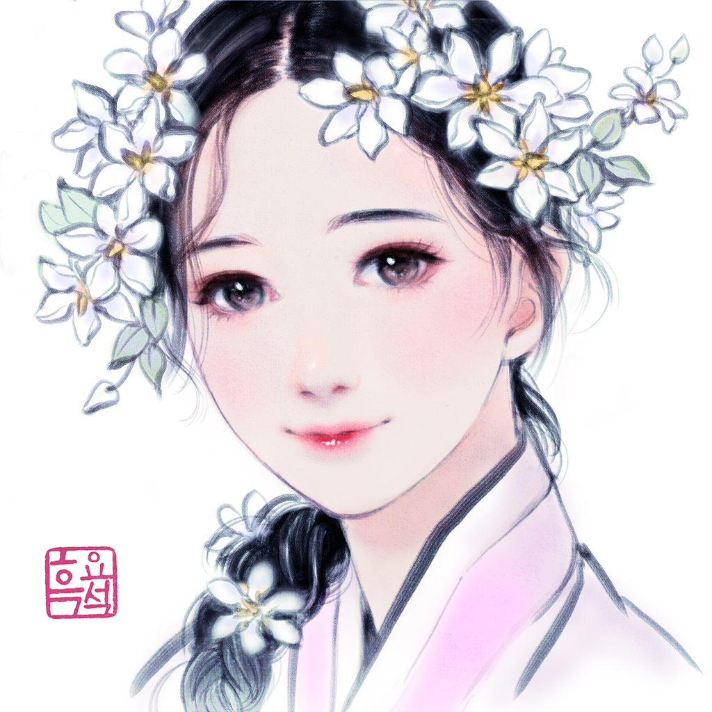 1girl 2020 adobe_fresco black_hair braid dress flower gardenia_(flower) grey_eyes hair_flower hair_ornament hanbok head_wreath korean_clothes korean_text leaf nayoung_wooh original pink_dress pink_lips portrait signature smile solo white_background white_dress white_flower