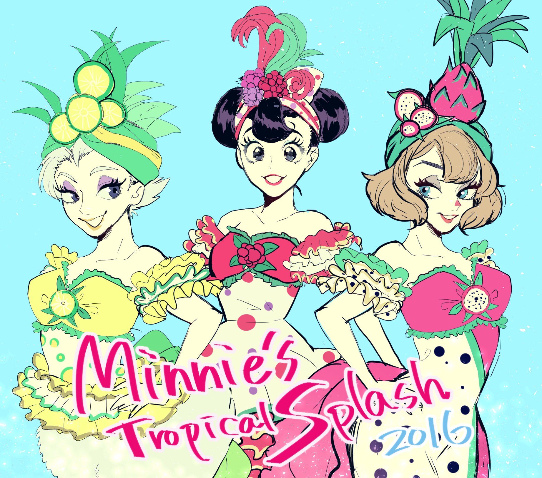 2016 3girls brown_hair clarice_(disney) daisy_duck disney disneyland double_bun dress feather_hair_ornament feathers hair_bun hair_ornament hat_feather highres humanization looking_at_viewer mickey_mouse_&amp;_friends minnie_mouse multiple_girls rl10_02 short_hair smile strapless strapless_dress upper_body white_hair