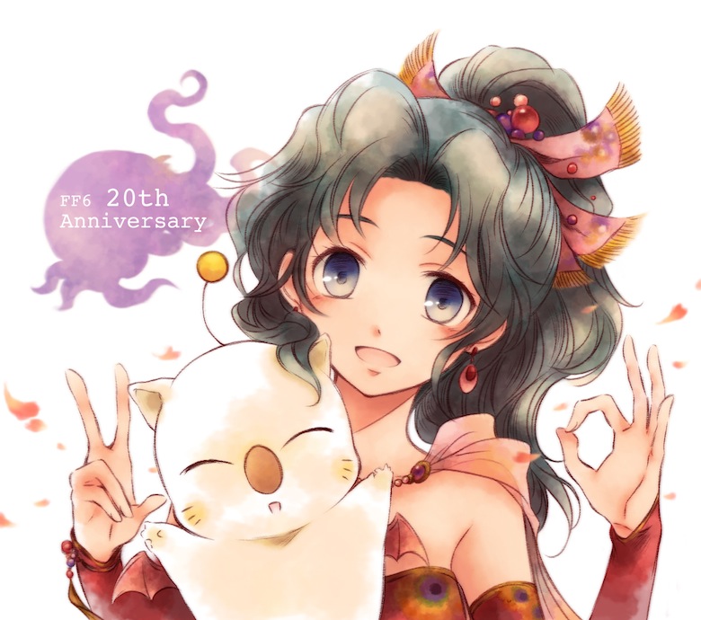 1girl blue_eyes bow breasts chino_(elfuun-78) commentary_request earrings final_fantasy final_fantasy_vi green_hair hair_ribbon jewelry long_hair looking_at_viewer moogle ultros ponytail ribbon simple_background tina_branford white_background