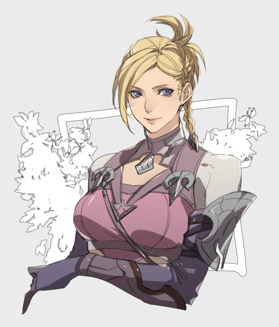 1girl blonde_hair blue_eyes braid cropped_torso detached_sleeves final_fantasy final_fantasy_xiv grey_background hyur looking_at_viewer medium_hair minfilia_warde smile solo swept_bangs upper_body yomo_(ym)