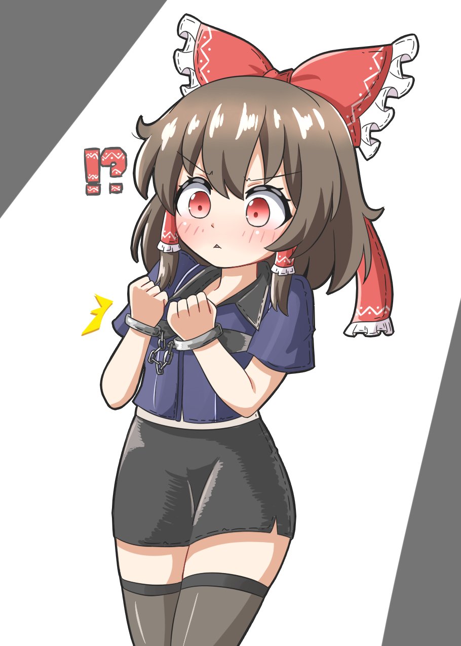 !? 1girl alternate_costume black_thighhighs blue_shirt blush bow brown_hair collared_shirt commentary cuffs frilled_bow frilled_hair_tubes frills hair_bow hair_tubes hakurei_reimu handcuffs highres long_hair miniskirt pencil_skirt police police_uniform policewoman red_eyes shirt short_sleeves skirt solo surprised thighhighs touhou triangle_mouth zenji029
