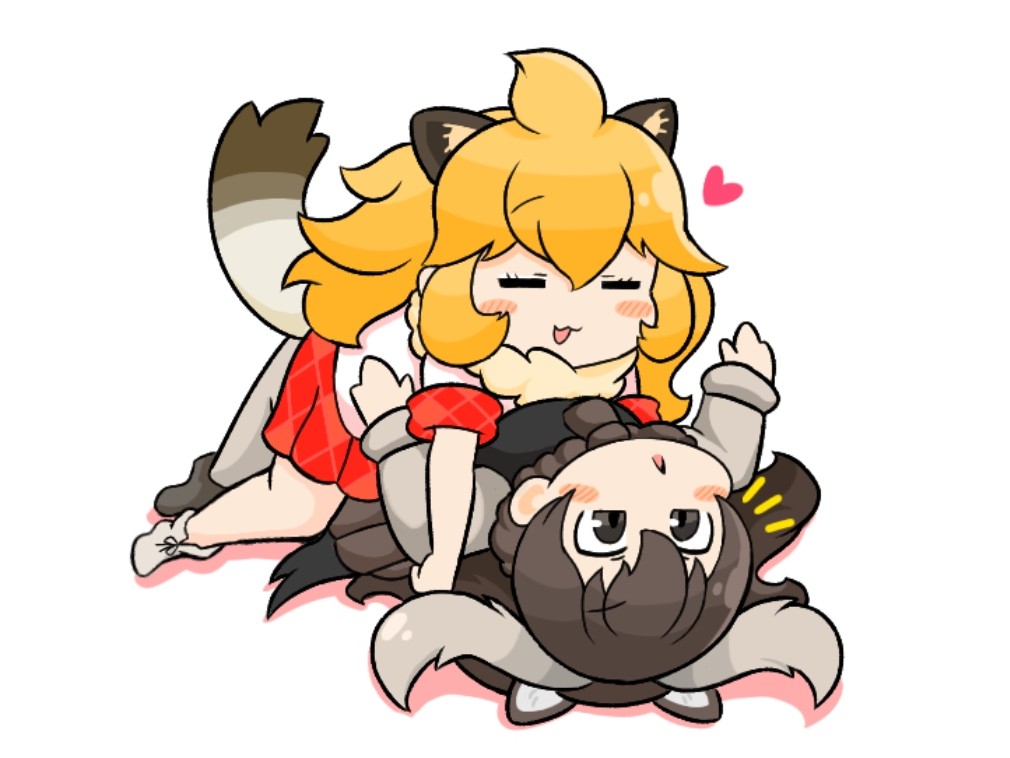2girls :3 animal_ears antlers black_vest blonde_hair blush boots brown_eyes brown_footwear brown_fur brown_hair brown_necktie brown_scarf closed_eyes extra_ears fur_collar grey_sweater hair_between_eyes heart horns kanimiso_na_double kemono_friends lion_(kemono_friends) lion_ears lion_girl lion_tail long_hair long_sleeves lying lying_on_another moose_(kemono_friends) moose_ears moose_girl moose_tail multiple_girls necktie on_back open_mouth plaid_clothes plaid_skirt plaid_trim pleated_skirt red_skirt red_trim scarf shirt short_sleeves sidelocks skirt sweater t-shirt tail vest white_footwear white_fur white_shirt