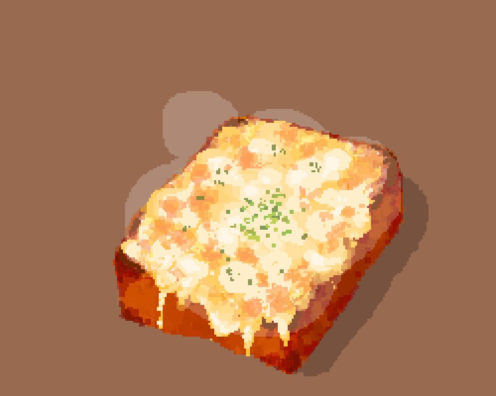 bread bread_slice brown_background cheese food food_focus garlic_bread hisachan55cute melting no_humans original pixel_art scenery shadow simple_background spring_onion steaming_food toast