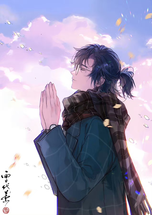 1boy black_scarf blue_coat blue_hair chinese_commentary clarence_clayden closed_eyes closed_mouth cloud coat curtained_hair day falling_leaves from_side ginkgo_leaf glasses hair_between_eyes half_updo leaf long_sleeves lovebrush_chronicles male_focus medium_hair mole mole_under_eye outdoors own_hands_together palms_together plaid_clothes plaid_coat plaid_scarf profile scarf seal_impression smile solo upper_body watch wristwatch xuedaixun