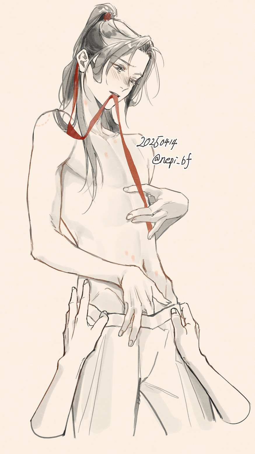 2boys bare_pectorals black_hair blush clothes_pull dated disembodied_hand grey_eyes groin hair_ribbon hand_in_pants hand_on_own_crotch hand_on_own_stomach hands_on_another&#039;s_hips hickey highres long_hair looking_down male_focus modao_zushi monochrome mouth_hold multiple_boys navel pants partially_undressed pectorals ponytail pulling_another&#039;s_clothes red_ribbon ribbon ribbon_in_mouth simple_background solo_focus spot_color tears topless_male twitter_username wei_wuxian yaoi ykmr_(haga)