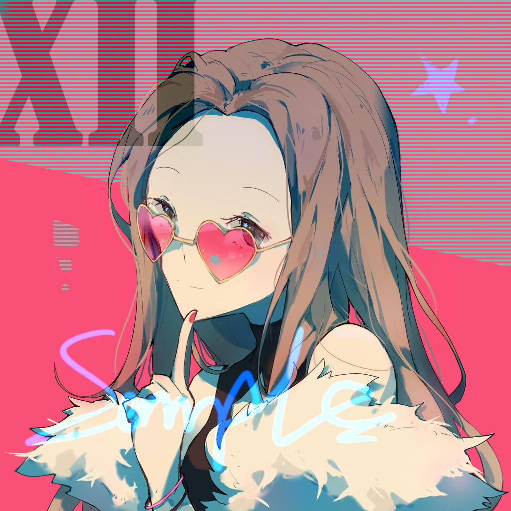 1girl black_shirt bracelet brown_eyes brown_hair chinese_commentary closed_mouth commentary_request commission diamond_cutout dinned eyelashes finger_to_own_chin forehead fur_shawl heart heart-shaped_eyewear jewelry long_hair looking_at_viewer nail_polish original pink-tinted_eyewear pink_background red_nails roman_numeral sample_watermark shawl shirt sidelocks single_bare_shoulder smile solo star_(symbol) star_in_eye sunglasses symbol_in_eye tinted_eyewear turtleneck turtleneck_shirt upper_body watermark white_shawl yellow-framed_eyewear