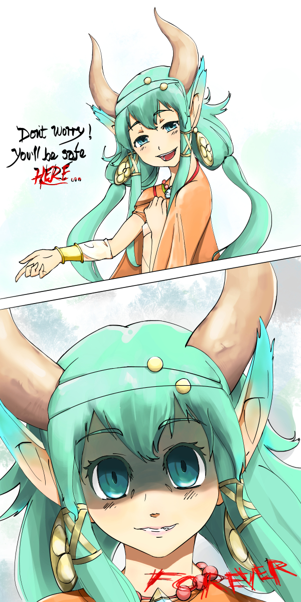 1girl 2koma aht aqua_hair blue_eyes cloak comic drawfag earrings english_text female_focus hair_tubes highres horns jewelry long_hair looking_at_viewer monster_girl pointy_ears radiant_historia solo yandere