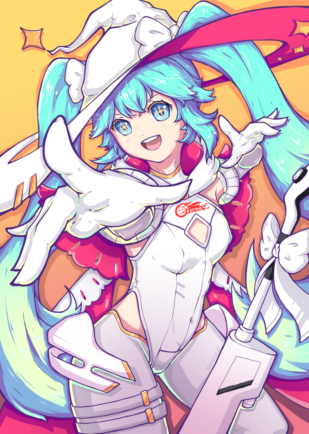 +_+ 1girl aqua_eyes aqua_hair blush breasts covered_navel cowboy_shot gloves goodsmile_racing hat hatsune_miku highres long_hair medium_breasts open_mouth pointing racing_miku racing_miku_(2024) solo star_(symbol) teaholic teeth twintails upper_teeth_only very_long_hair vocaloid white_gloves witch_hat