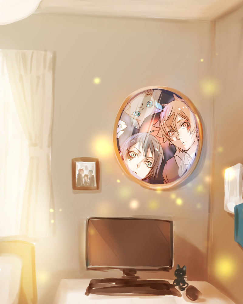 2boys ace_trappola aqua_eyes bedroom brown_hair character_doll computer creature deuce_spade doll grim_(twisted_wonderland) indoors light_particles looking_at_viewer male_focus mirror multiple_boys orange_eyes orange_hair short_hair sunlight twisted_wonderland window yuu_(twisted_wonderland) yuuki_(yukko7474)