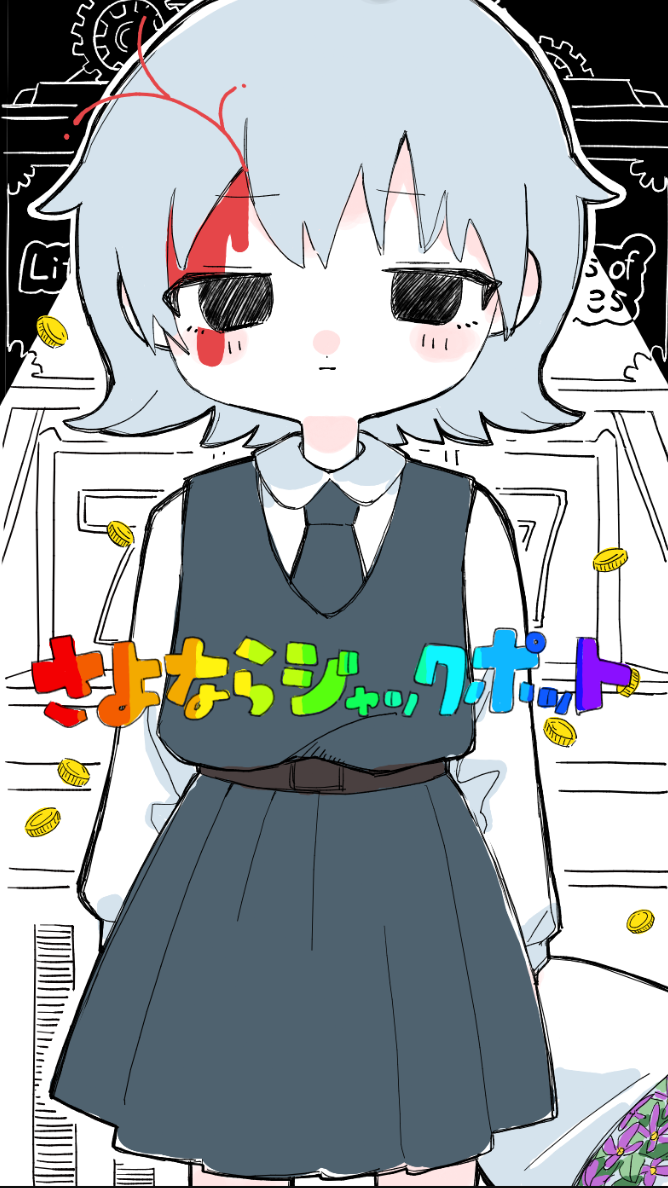 1girl arms_at_sides black_dress black_eyes black_necktie bleeding blood blood_from_forehead blood_on_face blush bouquet closed_mouth coin collared_shirt dress empty_eyes feet_out_of_frame flower grey_hair half-closed_eyes holding holding_bouquet iyowa_girls looking_at_viewer monochrome_background necktie rainbow_text sanuki_no_uzura sayo_(iyowa) sayonara_jackpot_(vocaloid) shirt short_hair slot_machine solo song_name standing straight-on white_shirt