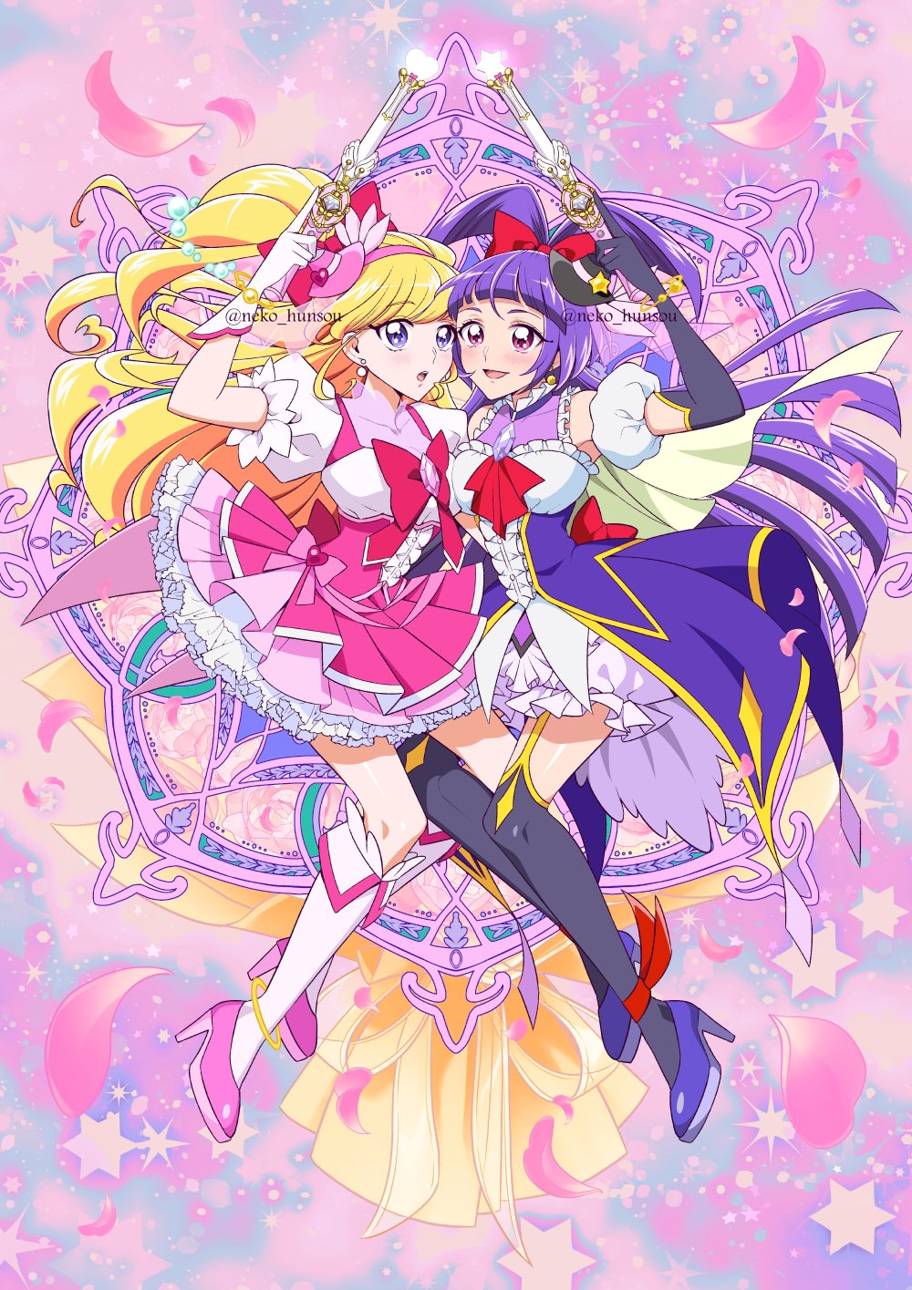 2girls asahina_mirai bare_arms bare_shoulders black_gloves blonde_hair blush boots bouquet bracelet breasts brooch cloak cure_magical cure_miracle diamond_(shape) dress earrings elbow_gloves feathers floating_hair flower fluffy_clothes frilled_dress frilled_skirt frilled_sleeves frills full_body gloves hair_ornament hair_ribbon half_gloves half_up_hair_twist hat headband heart heart_brooch high_heels highres holding holding_stick holding_weapon izayoi_liko jewelry knee_boots long_hair magical_girl mahou_girls_precure! miniskirt multiple_girls neko_hunsou pearl_earrings pink_background precure purple_eyes purple_hair red_ribbon ribbon side_ponytail skirt smile star_(symbol) star_symbol_background stick twitter_username very_long_hair weapon white_gloves witch_hat