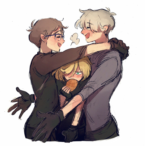 10s 3boys bad_id bad_pixiv_id black_gloves black_hair blonde_hair blue-framed_eyewear boy_sandwich eating closed_eyes food glasses gloves green_eyes hair_over_one_eye hug k_(umumumu) katsuki_yuuri male_focus multiple_boys open_mouth pirozhki sandwiched silver_hair smile viktor_nikiforov yuri!!!_on_ice yuri_plisetsky