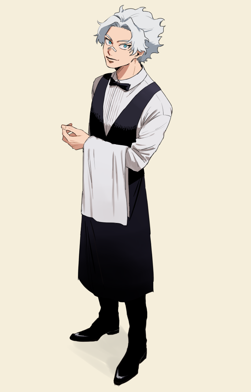 1boy adam&#039;s_apple apron arm_at_side bandaid bandaid_on_face bandaid_on_nose black_apron black_bow black_bowtie black_footwear black_vest blue_eyes boku_no_hero_academia bow bowtie closed_mouth collared_shirt fingernails full_body grey_background highres holding holding_towel long_sleeves looking_at_viewer loud_cloud male_focus rnuyvm shirt short_hair simple_background solo towel vest waist_apron waiter white_hair white_shirt