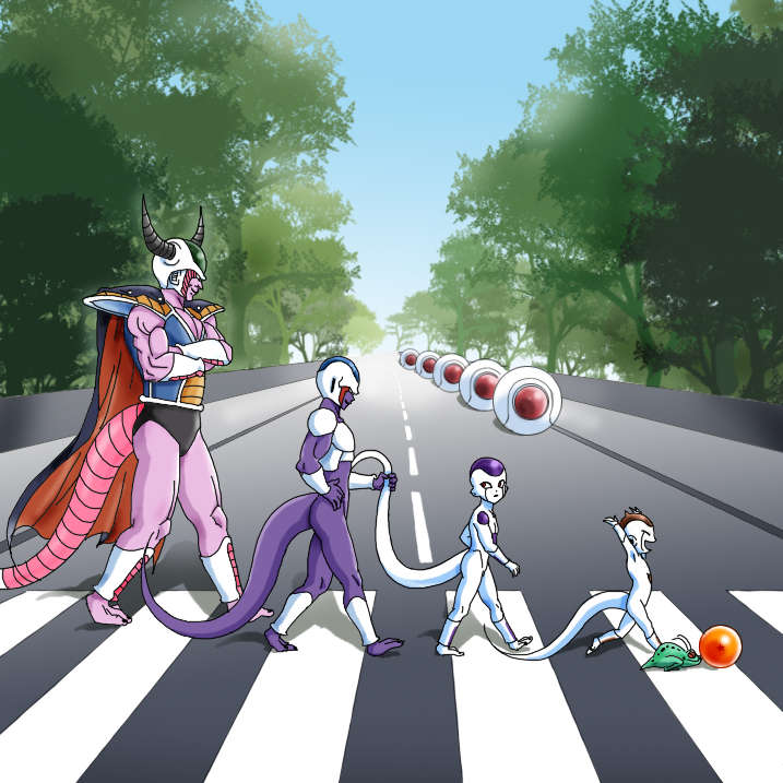 1990s_(style) 4boys abbey_road alien animal armor cape colored_skin cooler_(dragon_ball) creature crosswalk dragon_ball dragon_ball_(object) dragonball_z frieza frog from_side full_body happy horns king_cold kuriza male_focus multiple_boys muscular nature neko_majin_z outdoors parody pink_skin plant purple_skin retro_artstyle road sky smile space_pod spacecraft street tail tail_grab the_beatles tree walking white_skin