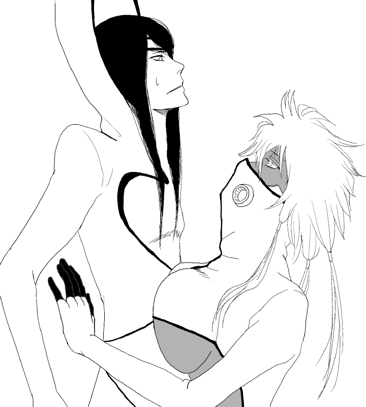 arrancar bleach breasts dark_skin kaier_allgemeine large_breasts monochrome nnoitra_gilga pixiv_sample sketch tier_harribel