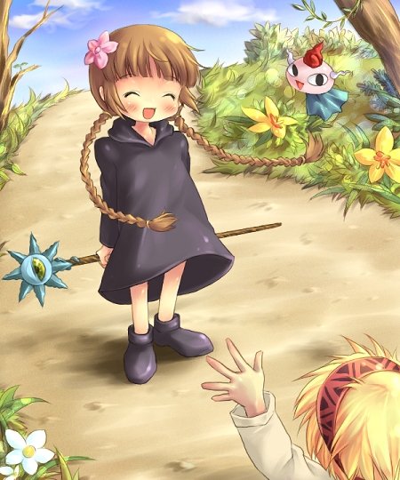 braid brown_hair closed_eyes eyeball flower gipple hair_flower hair_ornament kukuri_(mahoujin_guruguru) long_hair mahoujin_guruguru nature nike_(mahoujin_guruguru) open_mouth road sakurano_miya staff twin_braids