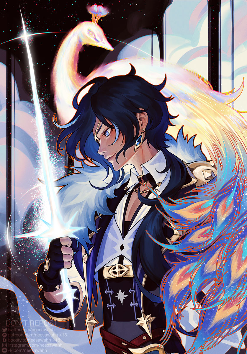 1boy artist_name bird black_corset black_gloves blue_eyes blue_hair blue_vest bracelet cape closed_mouth collared_shirt commentary commentary_request corset crystal_sword dark-skinned_male dark_skin earrings english_commentary eyelashes eyepatch fingerless_gloves fur-trimmed_cape fur_trim genshin_impact gloves gold_trim hair_over_shoulder hand_up highres holding holding_sword holding_weapon jewelry kaeya_(genshin_impact) long_hair low_ponytail male_focus mixed-language_commentary neesawahh one_eye_covered open_clothes open_vest parted_bangs peacock ponytail profile shirt sidelocks smile solo spiked_bracelet spikes star-shaped_pupils star_(symbol) swept_bangs sword symbol-shaped_pupils vest watermark weapon web_address white_shirt wing_collar