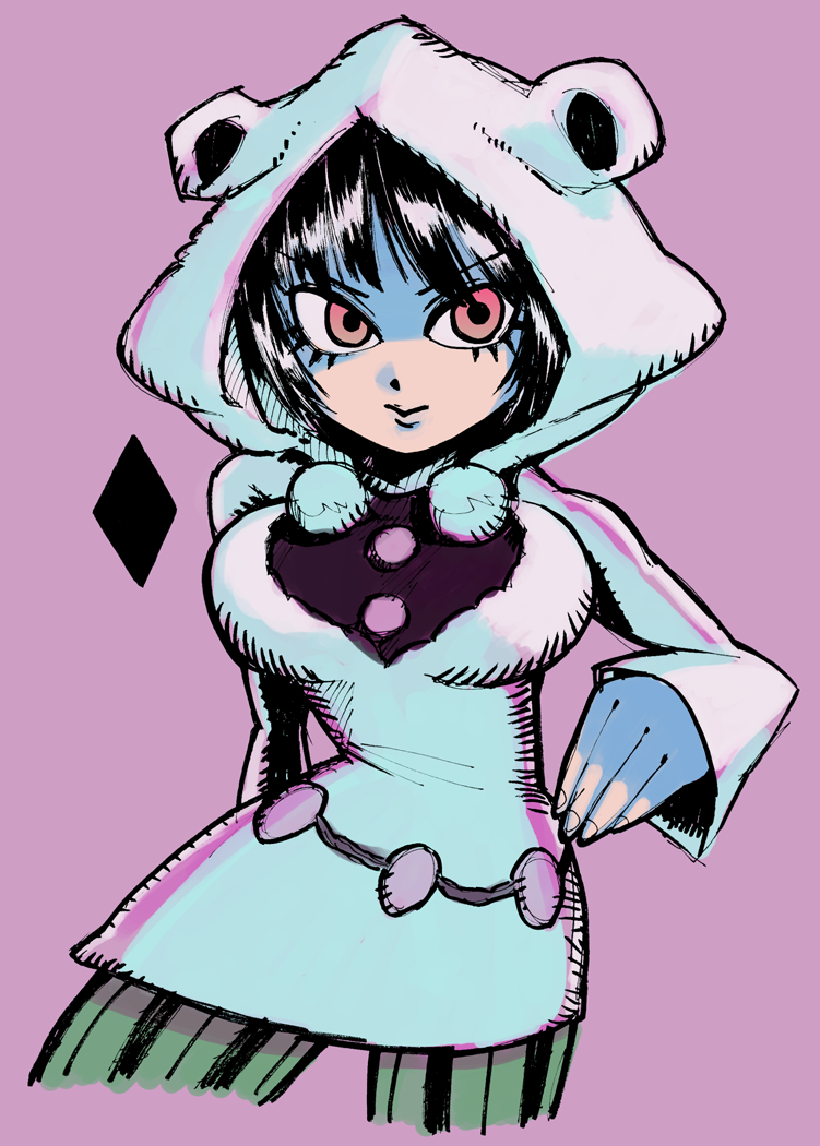 1girl animal_ears bad_id bad_pixiv_id black_hair fake_animal_ears female_focus gachirin higashikata_daiya hood jojo_no_kimyou_na_bouken jojolion pantyhose red_eyes solo striped_clothes striped_pantyhose vertical-striped_clothes vertical-striped_pantyhose