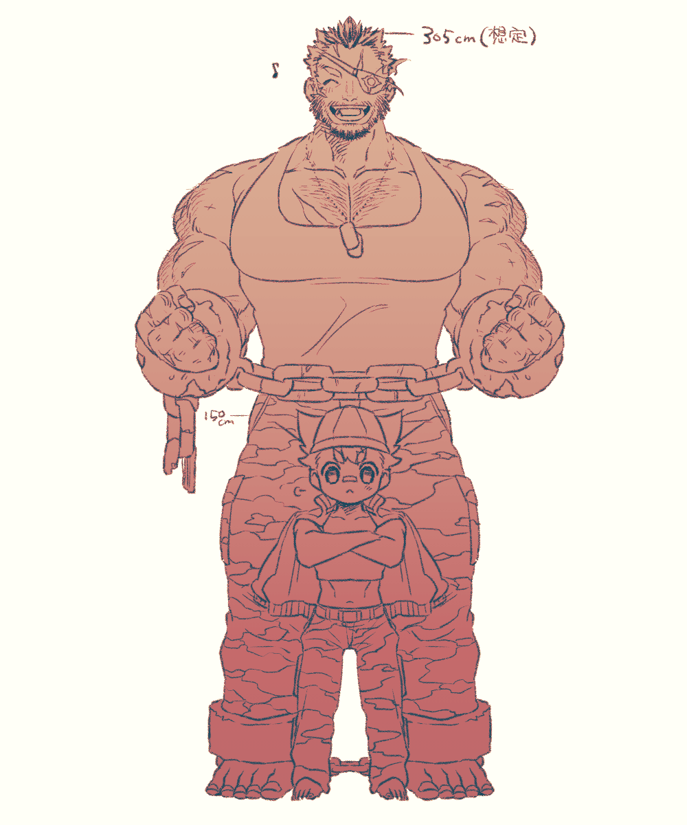 :d balor_(housamo) bara beard camouflage camouflage_pants chest_hair commentary_request crossed_arms cuffs eyepatch facial_hair facing_viewer flaming_eye full_body handcuffs height_difference highres huge_pectorals jacket jacket_on_shoulders large_pectorals mature_male mid_(mid_skb) monochrome multicolored_hair muscular muscular_male musical_note open_mouth orange_theme outstretched_hand pants pectoral_cleavage pectorals protagonist_1_(housamo) short_hair signing simple_background size_difference smile sparse_chest_hair straight-on tank_top thick_eyebrows tokyo_houkago_summoners translation_request two-tone_beard two-tone_hair white_background