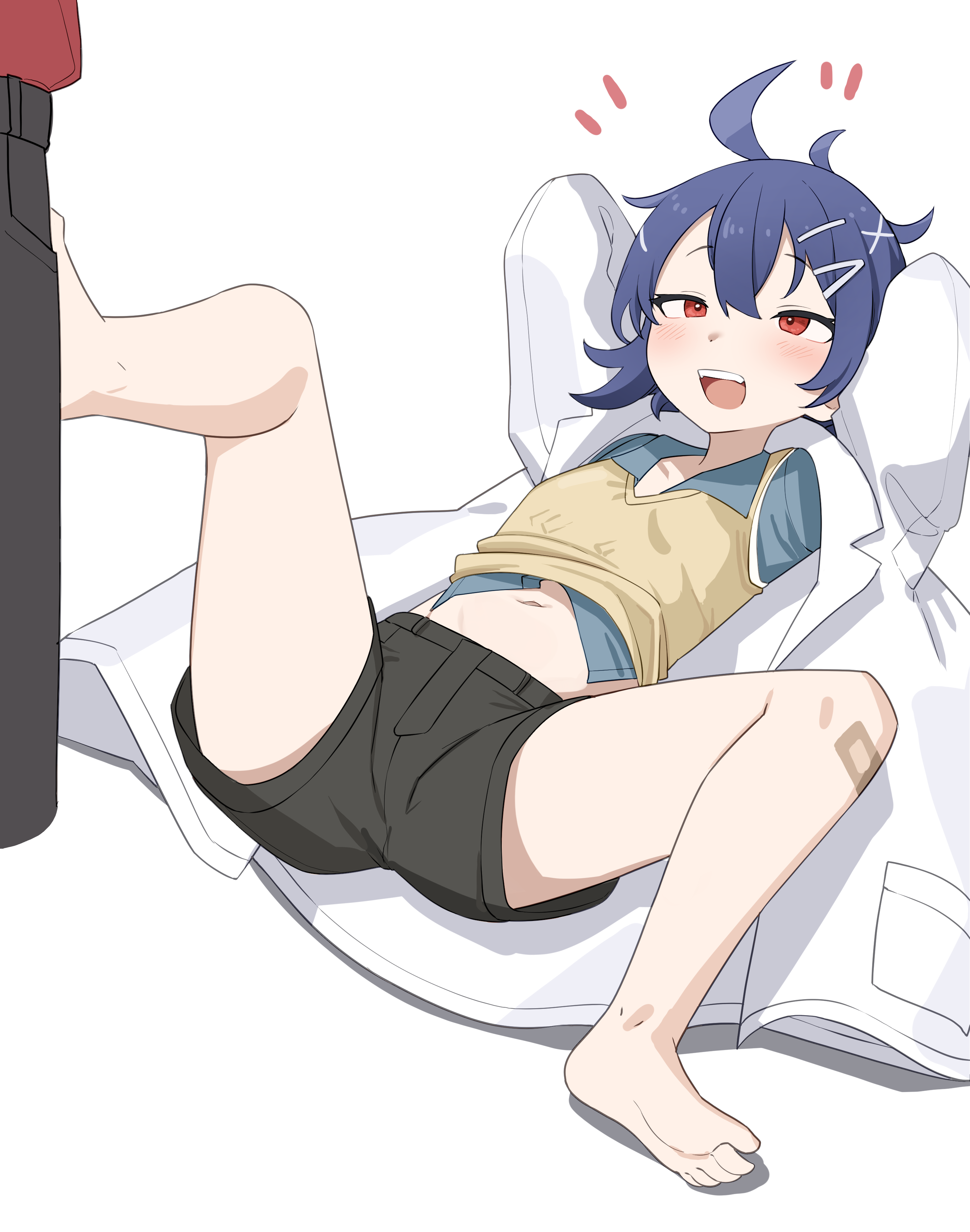 1boy 1girl absurdres aged_down ahoge bad_source bandaid bandaid_on_knee bandaid_on_leg barefoot black_shorts blue_hair clothes_lift collared_shirt commander_(girls'_frontline) daebom girls'_frontline hair_ornament hairclip highres k11_(girls'_frontline) k11_(lil'_scientist)_(girls'_frontline) lab_coat long_sleeves lying navel official_alternate_costume on_back open_mouth out_of_frame red_eyes shirt shirt_lift short_shorts shorts simple_background white_background