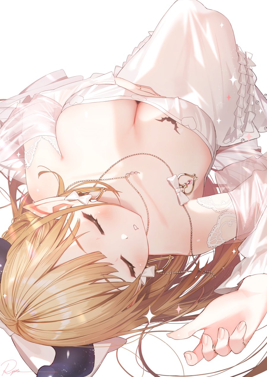 1girl bare_shoulders bat_tattoo blonde_hair blush breasts cleavage closed_eyes detached_sleeves dot_nose dress drooling earrings hand_on_own_stomach hand_up highres horns jewelry knees_up lace lace-trimmed_sleeves lace_trim large_breasts long_dress long_hair lying necklace on_back original pointy_ears ring ryota_(ry_o_ta) see-through_clothes see-through_sleeves sleeping sleeveless sleeveless_dress solo sparkle straight_hair strapless strapless_dress tattoo teeth white_dress