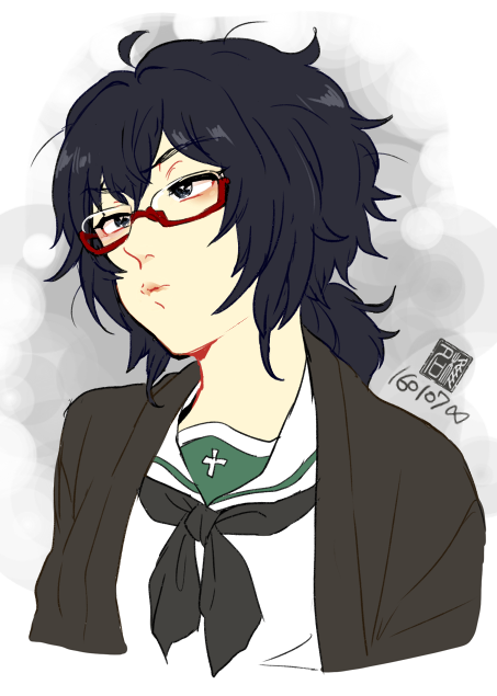 1girl black_eyes black_hair black_jacket chouko_(waru) commentary_request girls_und_panzer glasses jacket looking_to_the_side low_ponytail medium_hair ooarai_school_uniform oryou_(girls_und_panzer) ponytail red-framed_eyewear school_uniform semi-rimless_eyewear solo upper_body