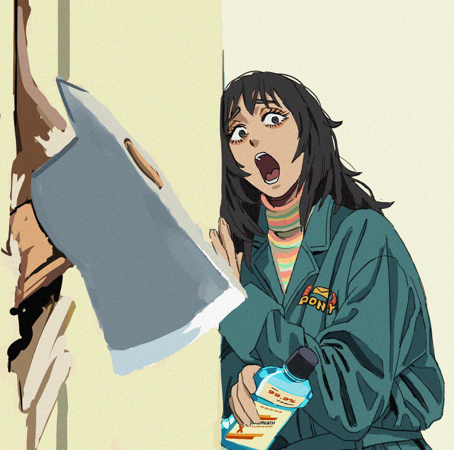 1girl anya_(mouthwashing) axe black_eyes black_hair blue_jumpsuit commentary english_commentary grey_background here&#039;s_johnny!_(meme) holding indoors jumpsuit medium_hair meme mouthwash mouthwashing open_mouth scared scene_reference shiren_(ourboy83) the_shining