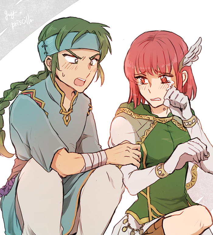 1boy 1girl arm_grab bandaged_arm bandages blush boots braid breasts character_name crying dress fire_emblem fire_emblem:_the_blazing_blade gloves green_eyes green_hair guy_(fire_emblem) hair_ornament headband long_hair looking_at_another nintendo noshima open_mouth pants ponytail priscilla_(fire_emblem) red_eyes red_hair shirt short_hair squatting sweatdrop tears wing_hair_ornament wiping_tears