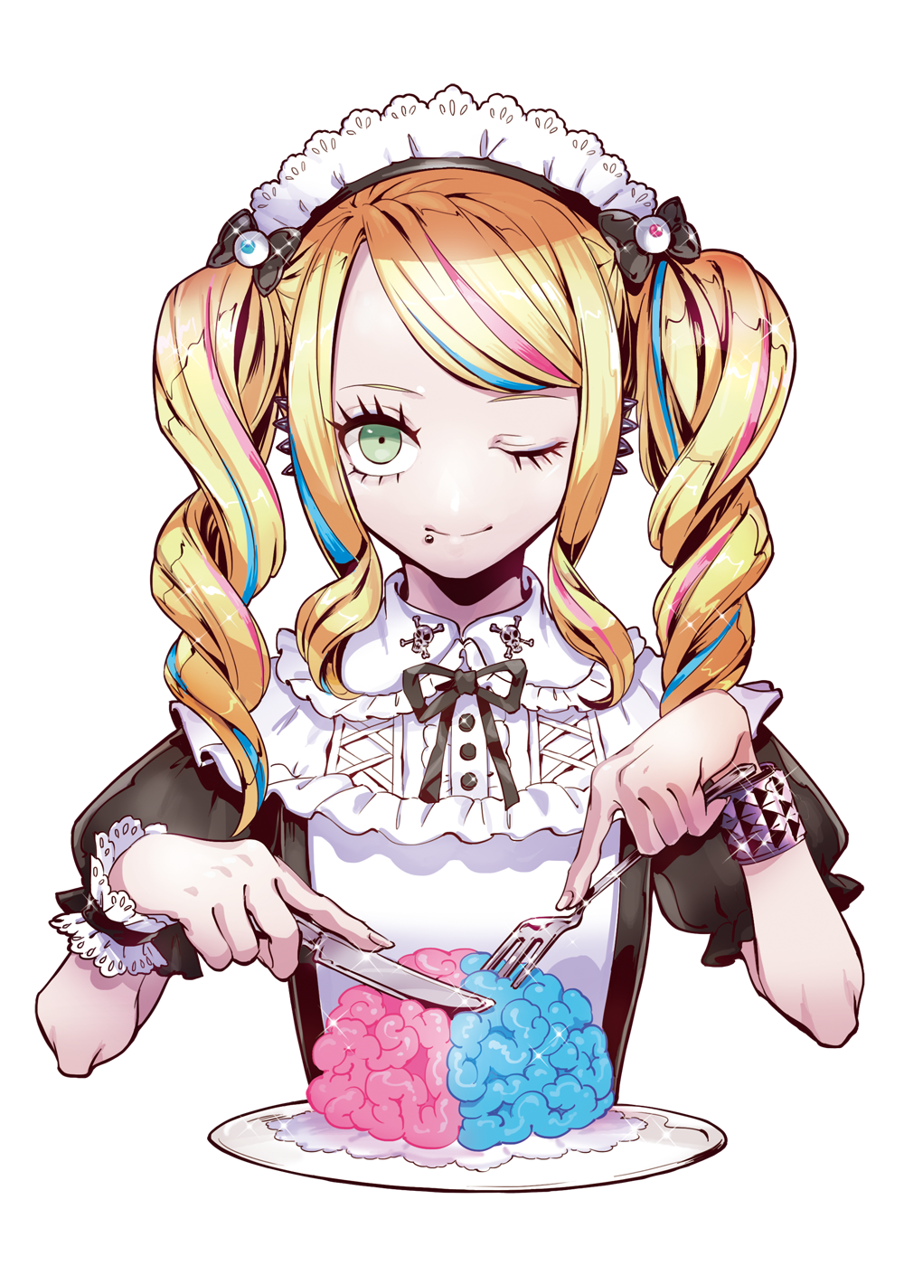 1girl apron black_bow blonde_hair bow bracelet brain exposed_brain fork green_eyes highres holding holding_fork holding_knife jewelry knife maid maid_apron maid_headdress one_eye_closed original piercing puppeteer7777 solo twintails upper_body