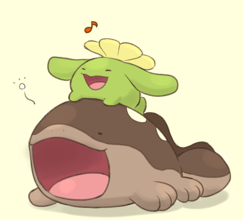 35yado :d ^_^ clodsire closed_eyes eighth_note gen_2_pokemon musical_note nintendo no_humans open_mouth pokemon pokemon_(creature) pokemon_focus shadow skiploom smile yawning yellow_background