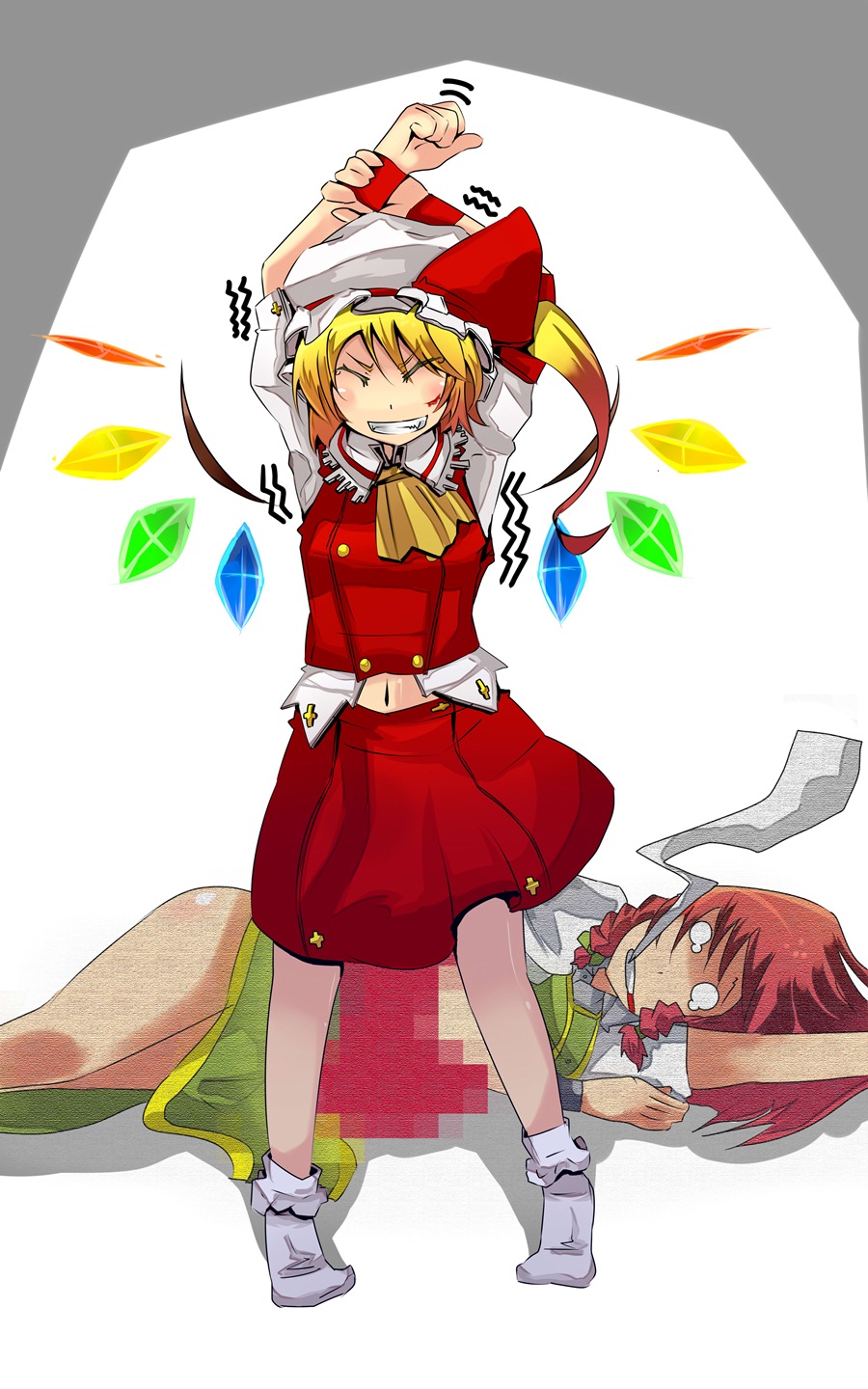2girls arms_up ascot blonde_hair bobby_socks braid breasts closed_eyes collared_shirt dress feet_out_of_frame flandre_scarlet frilled_shirt_collar frills full_body green_dress hat hat_ribbon highres hong_meiling knockout medium_hair mob_cap multiple_girls navel no_shoes one_side_up open_mouth puffy_short_sleeves puffy_sleeves red_hair red_ribbon red_skirt red_vest ribbon ribbon-trimmed_headwear ribbon_trim shirt short_sleeves skirt small_breasts socks standing teeth touhou twin_braids vest white_headwear white_shirt white_socks yellow_ascot yet_you
