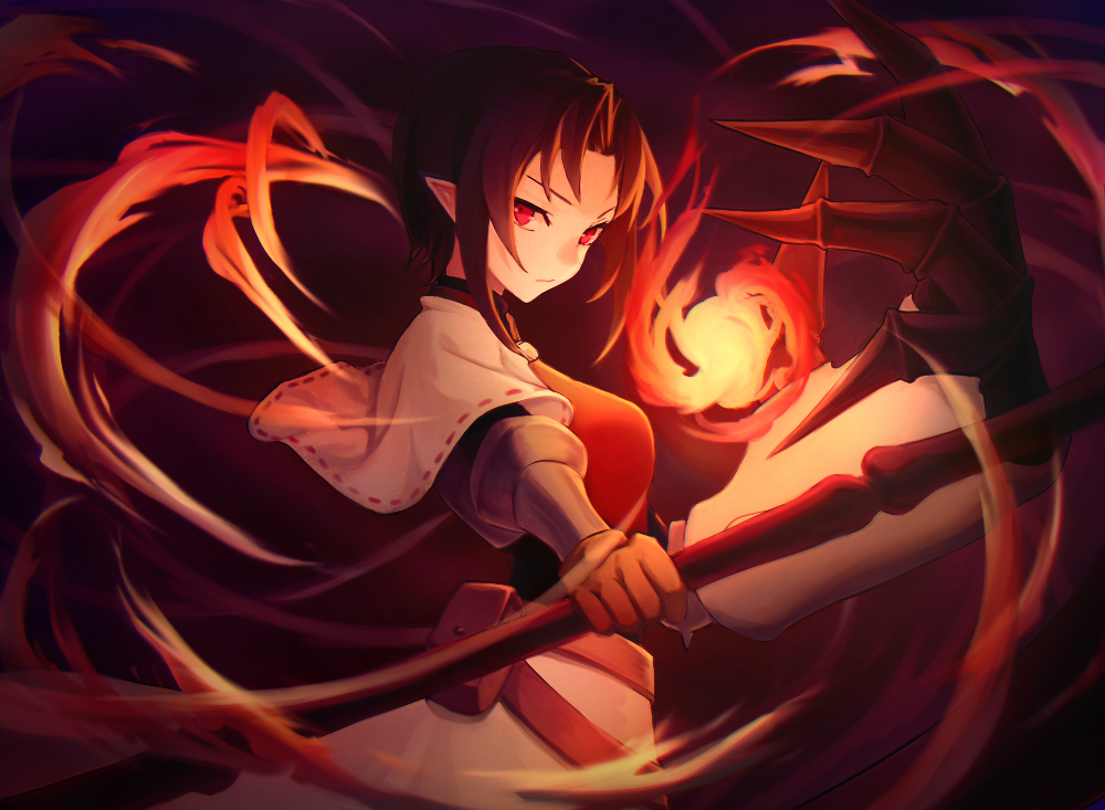 1girl armor asc_(sfhiro) belt black_background black_gloves brown_hair claws closed_mouth cowboy_shot expressionless fire from_side gauntlets glaring gloves hiro_(spectral_force) holding holding_staff looking_at_viewer parted_bangs pointy_ears pouch red_armor red_eyes short_hair simple_background skirt solo spectral_(series) spectral_force staff standing white_skirt