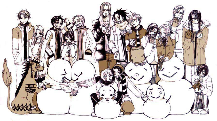 1990s_(style) 6+girls aerith_gainsborough animal bucket character_request cid_highwind cloud_strife denzel_(ff7) everyone final_fantasy final_fantasy_vii gloves jacket marlene_wallace monochrome multiple_boys multiple_girls red_xiii retro_artstyle rufus_shinra scarf sephiroth shelkie_rui snow snowman tifa_lockhart vincent_valentine yuffie_kisaragi zack_fair