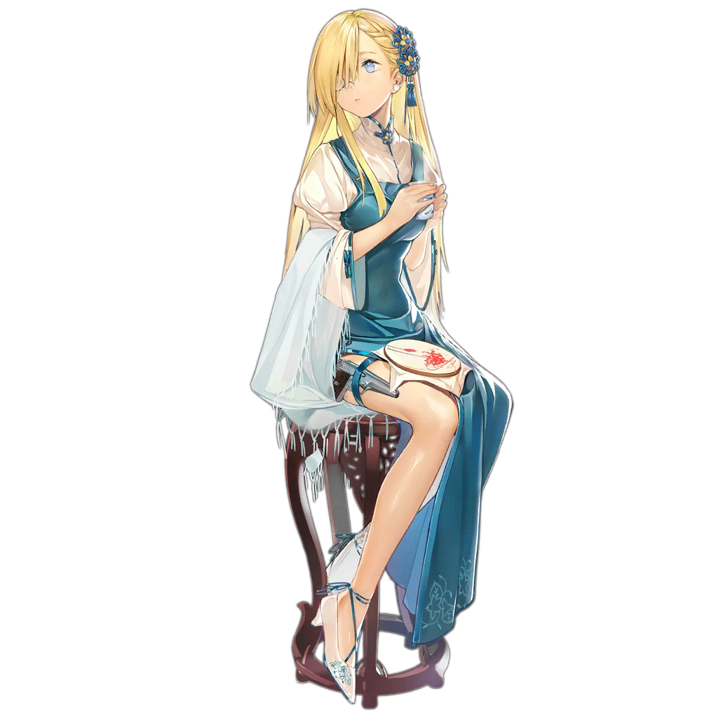 1girl ankle_ribbon blonde_hair blue_dress blue_eyes blue_ribbon braid chair china_dress chinese_clothes closed_mouth cup cz52_(baby_blue_eyes)_(girls&#039;_frontline) cz52_(girls&#039;_frontline) cz_52 dress earrings female_focus full_body girls&#039;_frontline gun hair_ornament handgun high_heels holding holding_cup holster jewelry leg_ribbon legs_together long_hair looking_away mechanical_legs monocle official_alternate_costume official_art pistol prosthesis ribbon shawl single_mechanical_leg sitting solo steam strappy_heels thigh_holster thigh_strap transparent_background very_long_hair weapon white_footwear wide_sleeves xiao_chichi