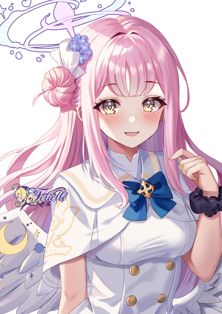 1girl angel_wings blue_archive blush breasts dress feathered_wings felielle flower hair_bun hair_flower hair_ornament halo highres long_hair looking_at_viewer low_wings mika_(blue_archive) pink_hair pink_halo single_side_bun smile solo upper_body white_background white_dress white_wings wings yellow_eyes