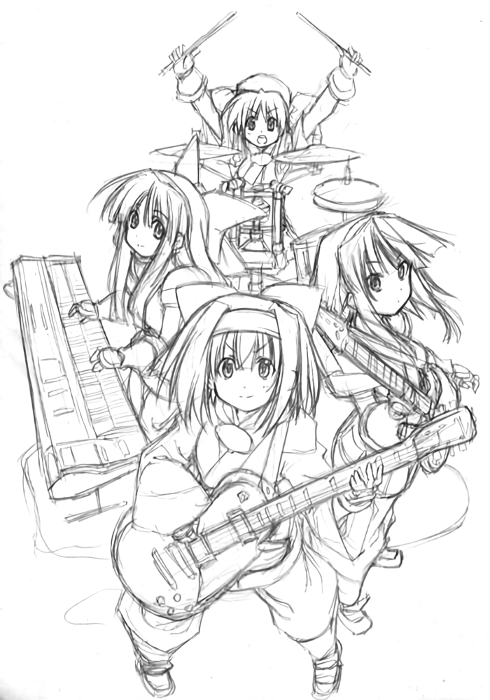 4girls ainu_clothes arms_up breasts dual_persona fingerless_gloves gloves guitar hair_ribbon instrument legs looking_at_viewer medium_breasts monochrome multiple_girls murasaki_nakoruru music nakoruru open_mouth pants piano playing_instrument rera ribbon rimururu samurai_spirits short_hair siblings sisters sitting sketch smile snk thighs traditional_media