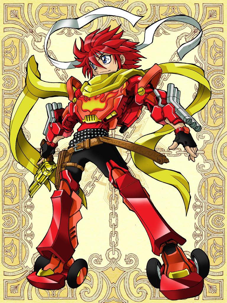 black_gloves blue_eyes cosplay fingerless_gloves gloves gun handgun headband holding holding_gun holding_weapon hot_rod_(cosplay) hot_rod_(transformers) kerberos_blade looking_to_the_side mecha_danshi red_hair revolver scarf transformers tsushima_naoto weapon white_headband yellow_scarf