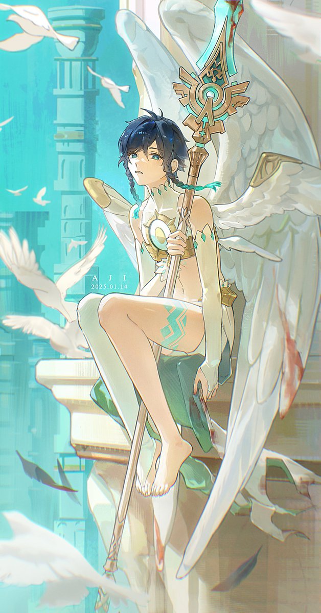 1boy aji_11300913 angel_wings aqua_eyes barefoot bird black_hair blood blood_on_clothes bloody_weapon bloody_wings blue_hair braid bridal_gauntlets bridal_legwear crop_top dove feathered_wings full_body genshin_impact holding holding_polearm holding_weapon leg_tattoo looking_at_viewer male_focus multiple_wings navel outdoors parted_lips polearm shirt sitting sleeveless sleeveless_shirt solo sparkle tattoo torn_clothes twin_braids venti_(archon)_(genshin_impact) venti_(genshin_impact) weapon white_bridal_gauntlets white_shirt wings