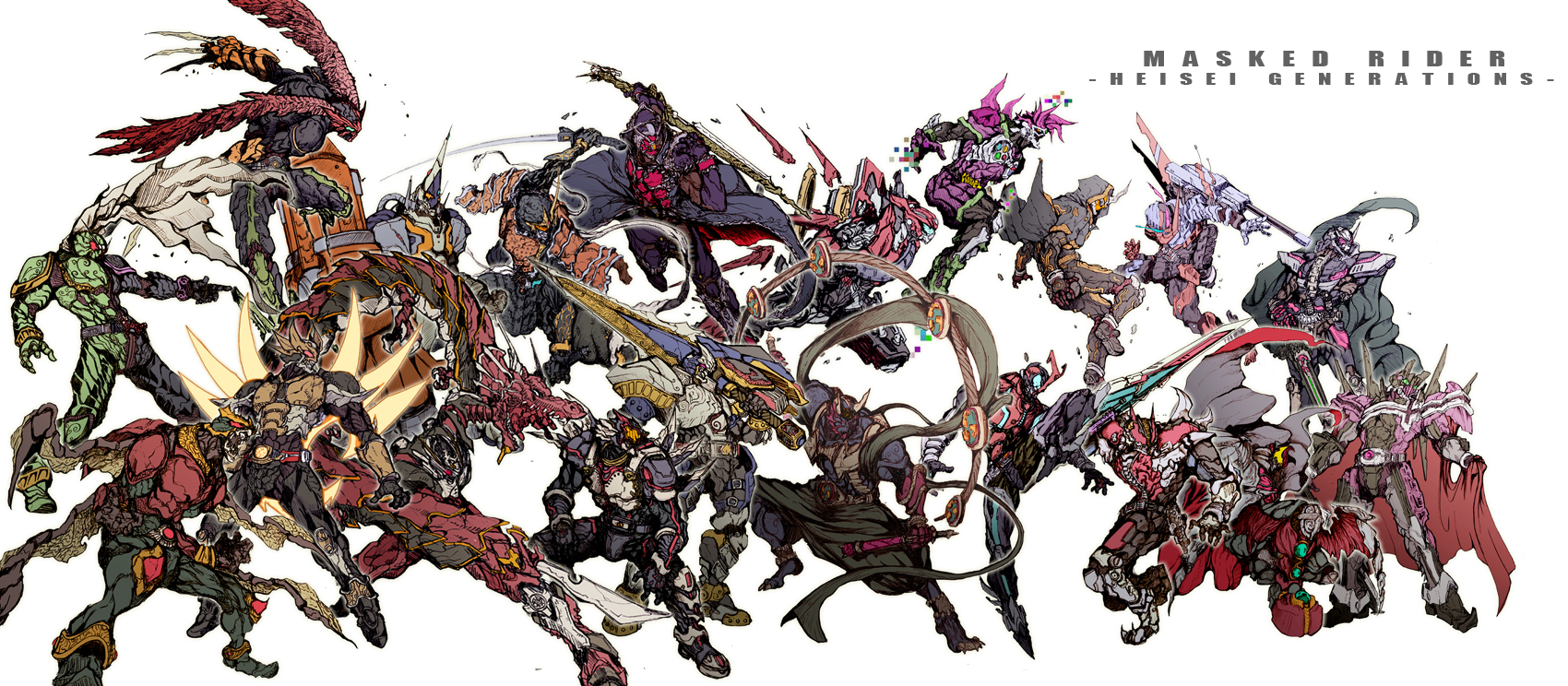 6+boys action_gamer_level_2 antennae armor belt black_bodysuit blue_eyes bodysuit breastplate cape card chain claw_(weapon) commentary compound_eyes dragon drumsticks dual_wielding eastern_dragon everyone eyecon full_armor gaia_memory gloves glowing graphite_(medium) green_bodysuit green_eyes helmet heterochromia highres holding holding_sword holding_weapon hood hooded_jacket hoodie horns jacket kamen_rider kamen_rider_555 kamen_rider_agito kamen_rider_agito_(series) kamen_rider_blade kamen_rider_blade_(series) kamen_rider_build kamen_rider_build_(series) kamen_rider_dcd kamen_rider_decade kamen_rider_den-o kamen_rider_den-o_(series) kamen_rider_double kamen_rider_drive kamen_rider_drive_(series) kamen_rider_ex-aid kamen_rider_ex-aid_(series) kamen_rider_faiz kamen_rider_fourze kamen_rider_fourze_(series) kamen_rider_gaim kamen_rider_gaim_(series) kamen_rider_ghost kamen_rider_ghost_(series) kamen_rider_hibiki kamen_rider_hibiki_(series) kamen_rider_kabuto kamen_rider_kabuto_(series) kamen_rider_kiva kamen_rider_kiva_(series) kamen_rider_kuuga kamen_rider_kuuga_(series) kamen_rider_ooo kamen_rider_ooo_(series) kamen_rider_ryuki kamen_rider_ryuki_(series) kamen_rider_w kamen_rider_wizard kamen_rider_wizard_(series) kamen_rider_zi-o kamen_rider_zi-o_(series) male_focus mask mechanical_pencil mighty_action_x_level_2 multiple_boys multiple_wings o_medal open_mouth orange_eyes ore_damashii pauldrons pencil pink_eyes poses rabbit+tank_form_(best_match) red_cape red_eyes rider_belt rider_gashat rocket scarf shift_car shoulder_armor shoulder_pads silver_trim single_horn standing sword tokusatsu traditional_media translation_request type_speed unused_tire weapon white_background wings yellow_eyes zakkizaki ziku_driver