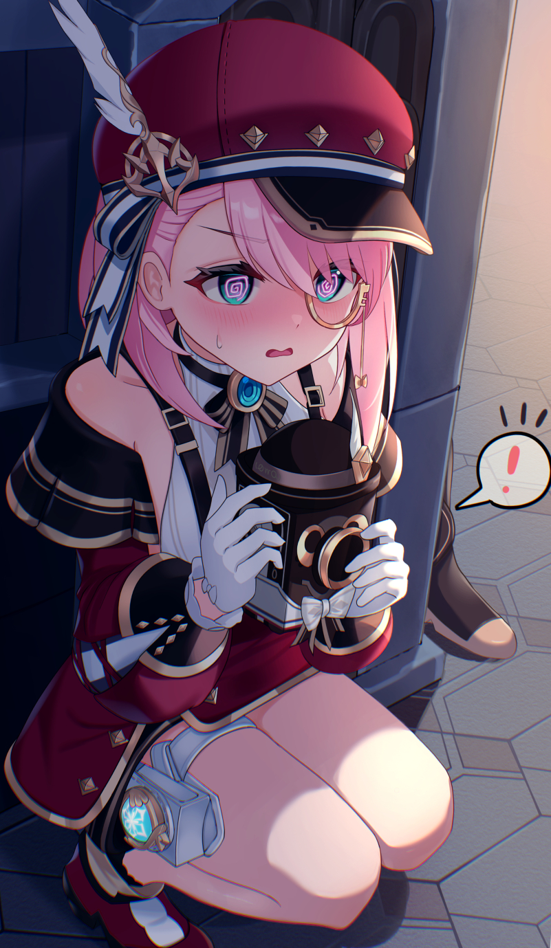 ! 1boy 1girl @_@ aether_(genshin_impact) bare_shoulders belt blue_eyes blue_gemstone blush cabbie_hat camera charlotte_(genshin_impact) commentary_request detached_sleeves ewaaawa feathers gem genshin_impact gloves hat hat_feather highres holding holding_camera holster lace-up_sleeves monocle open_mouth pink_hair puffy_detached_sleeves puffy_sleeves red_hat red_sleeves short_hair spoken_exclamation_mark squatting sweat thigh_holster thighs white_belt white_feathers white_gloves