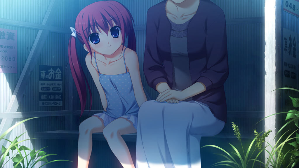 2girls aged_down bare_shoulders bench black_jacket blue_camisole blue_eyes bow breasts bus_stop camisole character_request check_character closed_mouth collarbone day feet_out_of_frame fumio_(ura_fmo) game_cg grey_shirt grisaia_(series) grisaia_no_kajitsu hair_bow hands_on_lap jacket lace lace-trimmed_shirt lace_trim long_hair long_skirt medium_breasts miniskirt multiple_girls non-web_source official_alternate_hairstyle on_bench outdoors plant pleated_skirt shirt sitting skirt smile suou_amane suou_kotone ticket twintails white_bow white_skirt