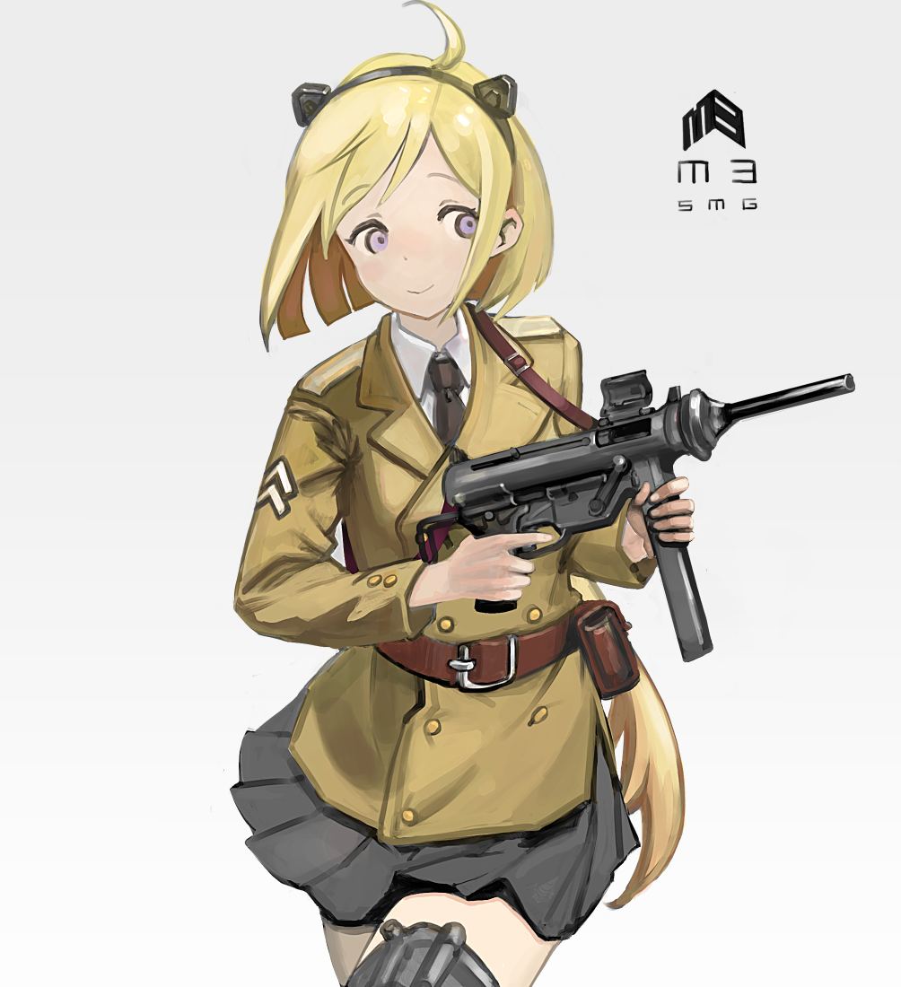 1girl ahoge belt belt_pouch black_necktie black_skirt blonde_hair character_name closed_mouth collared_shirt female_focus girls&#039;_frontline grey_background gun gun_sling hairband headgear holding holding_gun holding_weapon jacket kesomaru long_hair long_sleeves m3_(girls&#039;_frontline) m3_submachine_gun military military_jacket military_uniform necktie pleated_skirt pouch purple_eyes shirt simple_background skirt smile solo submachine_gun thigh_strap weapon