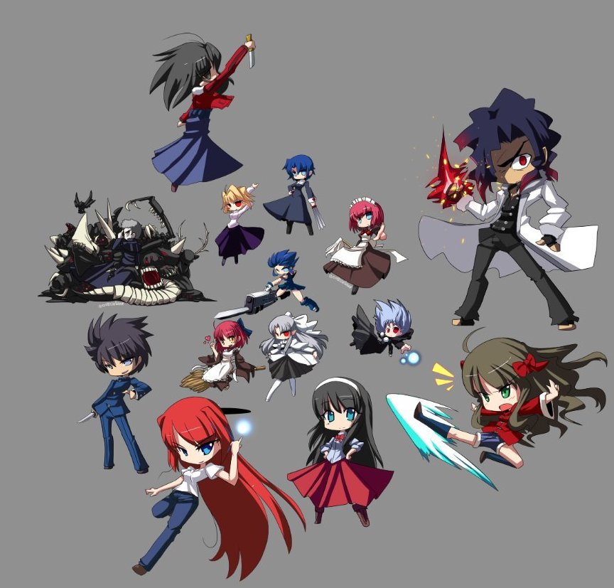 3boys 6+girls aekashics aozaki_aoko apron arcueid_brunestud arima_miyako black_eyes black_hair blonde_hair blue_bow blue_eyes bow chibi chinese_clothes ciel_(tsukihime) deformed denim dress formal_clothes green_eyes grey_eyes grey_hair hair_bow hair_over_one_eye hairband hisui_(tsukihime) jacket japanese_clothes jeans kicking kimono kishima_kouma knife kohaku_(tsukihime) len_(tsukihime) long_hair maid maid_apron maid_headdress melty_blood monster multiple_boys multiple_girls nanatsu-yoru nanaya_shiki nrvnqsr_chaos nun pants pink_hair powered_ciel purple_skirt red_eyes red_hair reverse_grip ryougi_shiki school_uniform seventh_holy_scripture shirt short_hair siblings sisters skirt stretching sweater tohno_akiha tsukihime turtleneck turtleneck_sweater twins white_bow white_jacket white_len_(tsukihime) yellow_eyes