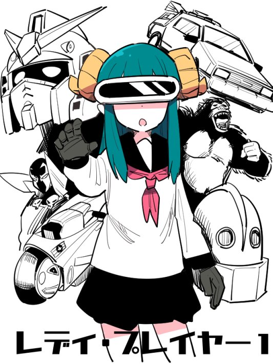 1girl akira_(manga) back_to_the_future blue_hair commentary_request crossover delorean gloves greyscale gundam head-mounted_display horns iron_giant_(mecha) kaiju kaneda_shoutarou&#039;s_bike king_kong king_kong_(series) long_hair mecha meriel_(tonmoh) mobile_suit_gundam monochrome open_mouth original ready_player_one robot rx-78-2_gundam simple_background skirt spawn_(comic) spawn_(spawn) the_iron_giant tonmoh white_background