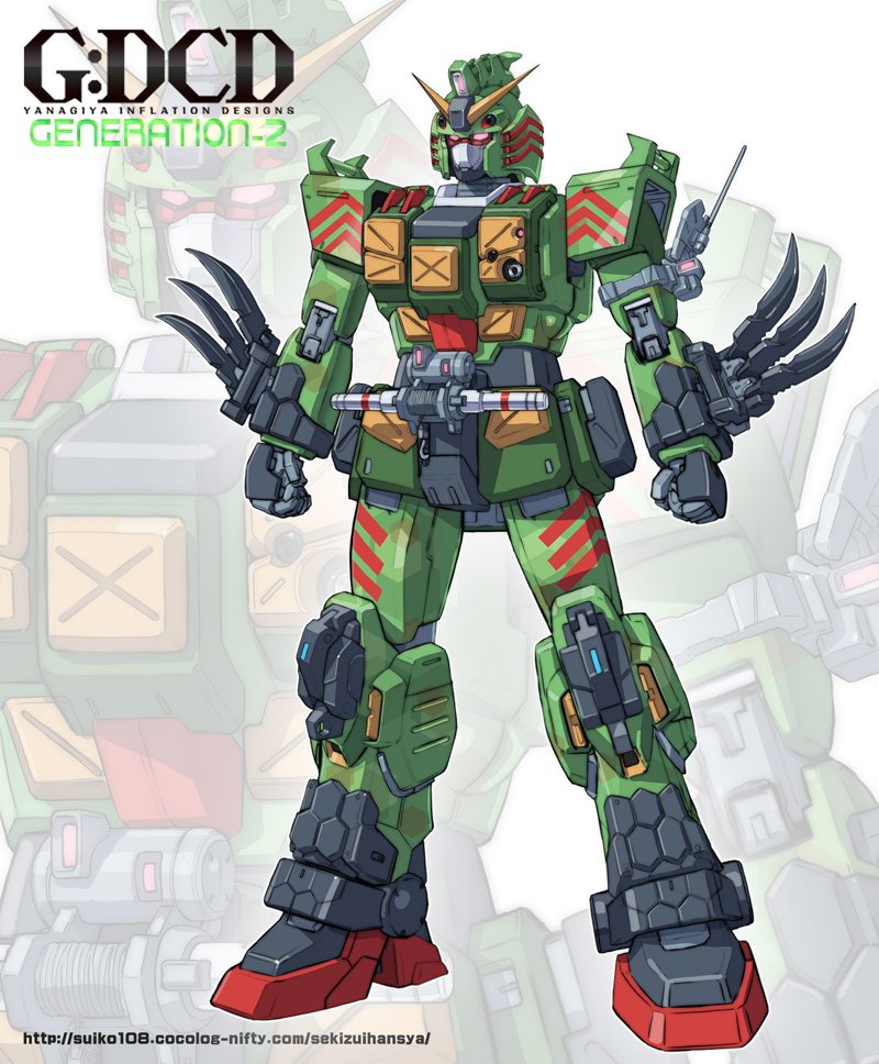 arm_blade crossover full_body ground_gundam gundam gundam_08th_ms_team kamen_rider kamen_rider_amazon_omega kamen_rider_amazons male_focus mecha mechanical mechanization no_humans pink_eyes robot solo standing weapon yanagi_joe zoom_layer