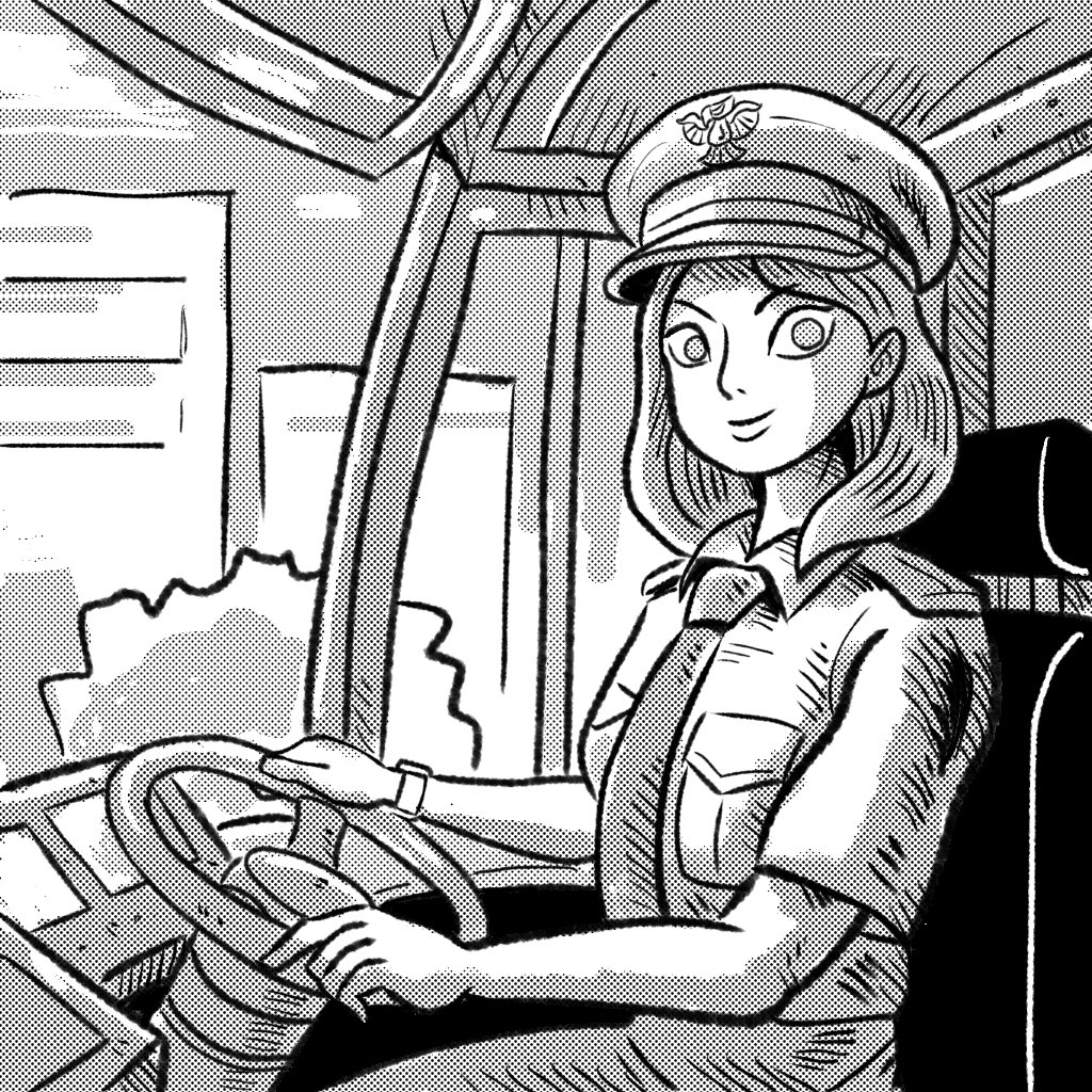 1girl breast_pocket breasts bus_interior commentary_request employee_uniform greyscale imamura_takaya medium_breasts medium_hair monochrome necktie original pocket sitting smile solo steering_wheel underwear