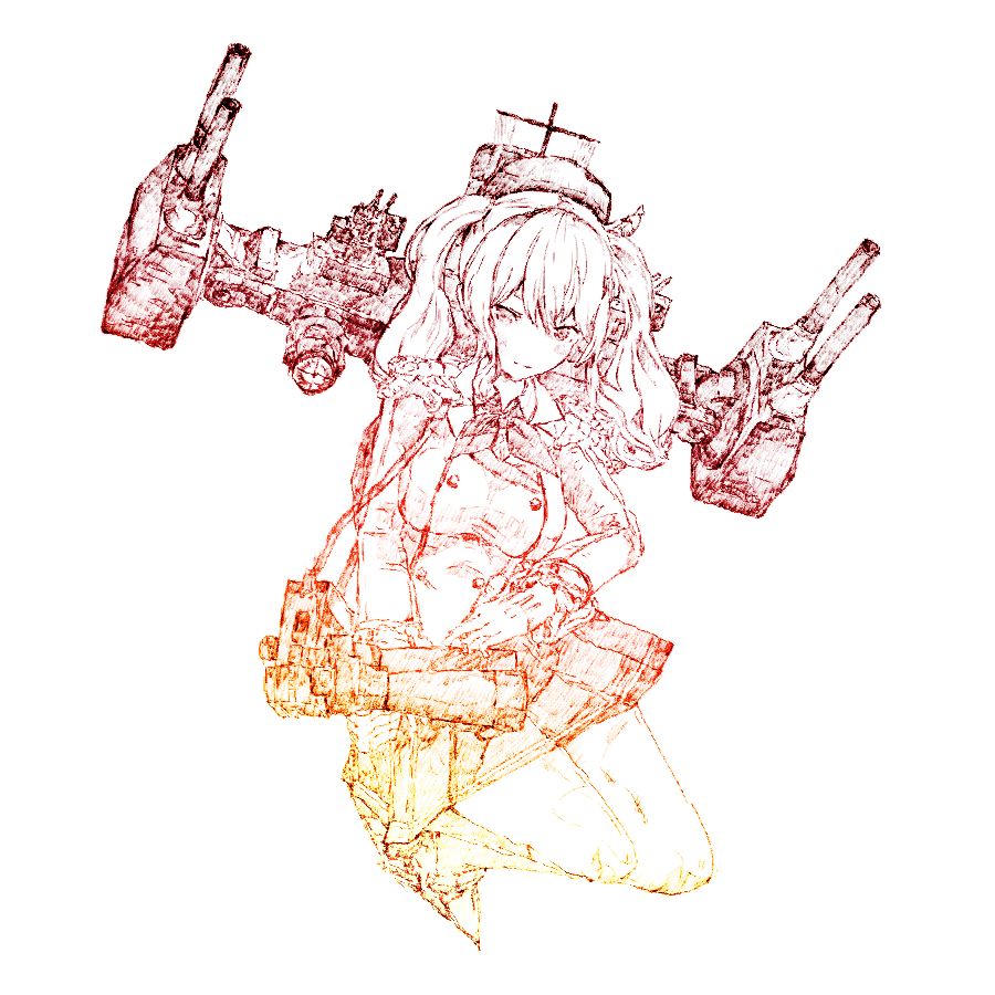 10s 1girl beret binoculars buttons cannon double-breasted epaulettes female_focus full_body gloves gradient_filter gurin33 hat kantai_collection kashima_(kancolle) kneeling long_hair looking_at_viewer mast monochrome ship_turret simple_background sketch solo twintails white_background